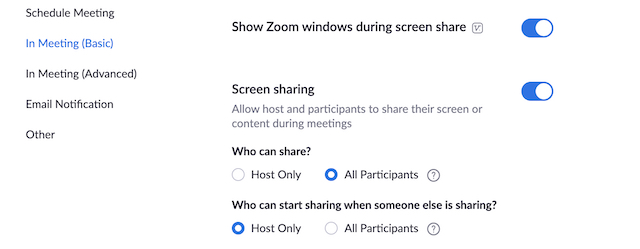 Account screen share settings